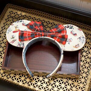 Disney Parks Holiday Mickey Minnie Ears – Plaid Bow & Vintage Winter Print